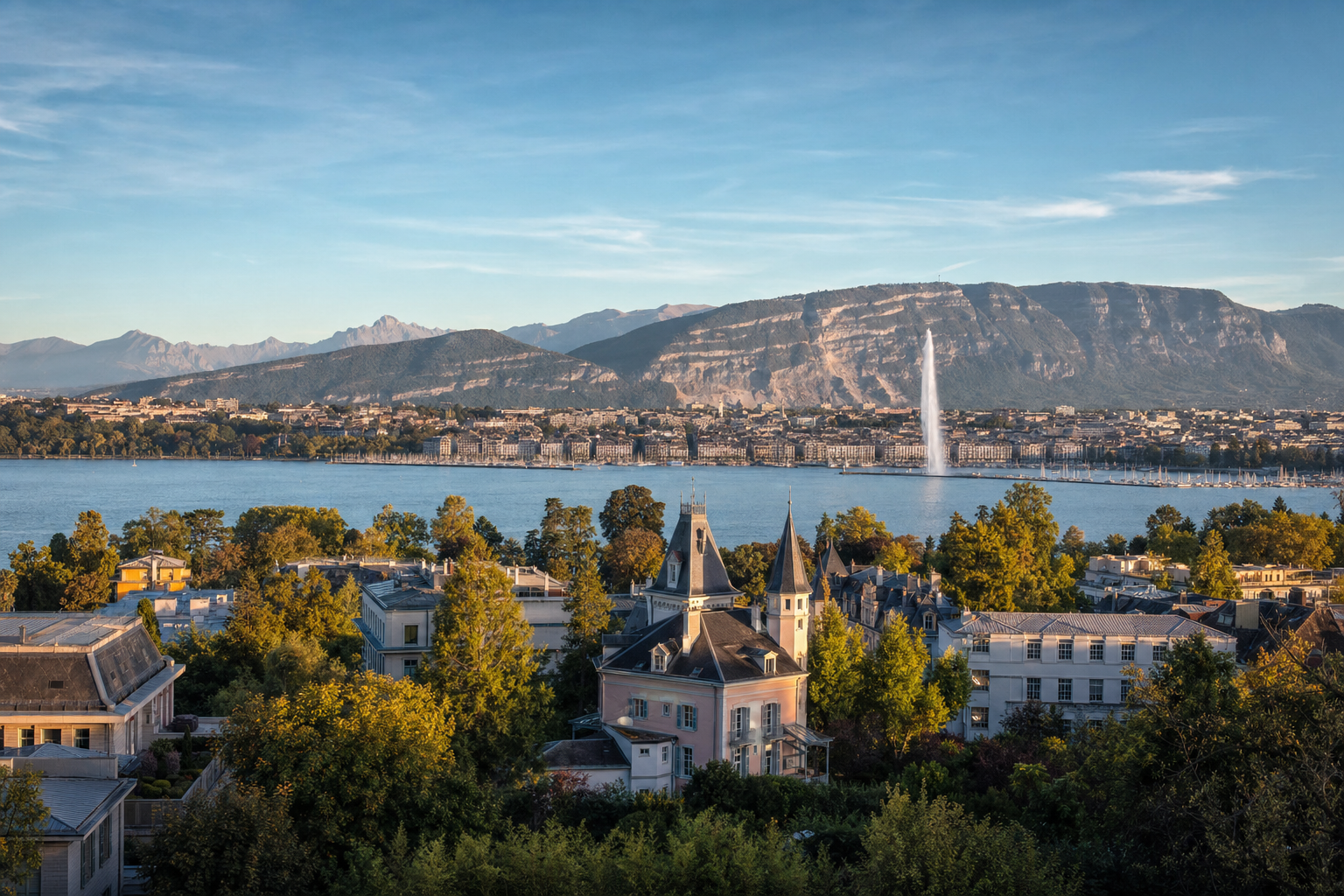 Vue de Genève depuis le lac Léman avec le Jet d'eau