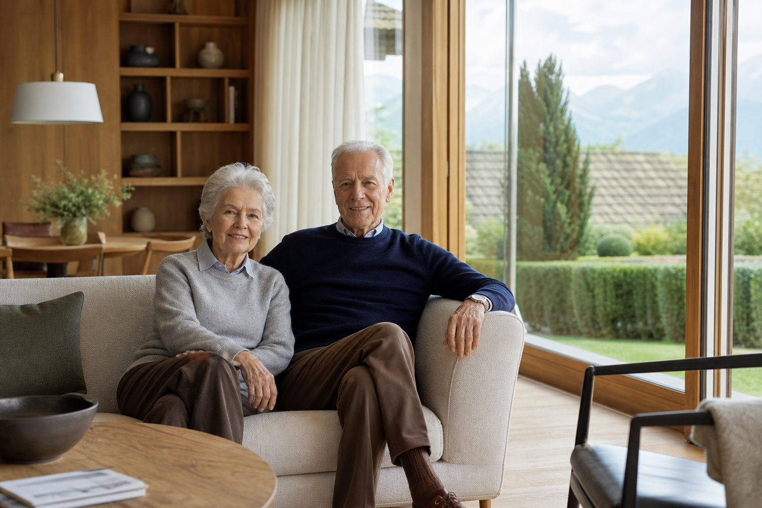 Couple de seniors dans un salon suisse lumineux